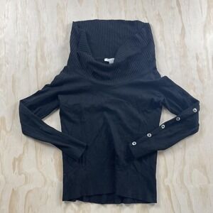 White House Black Market Sweater Womens Medium Black Cowl Neck Button Knit